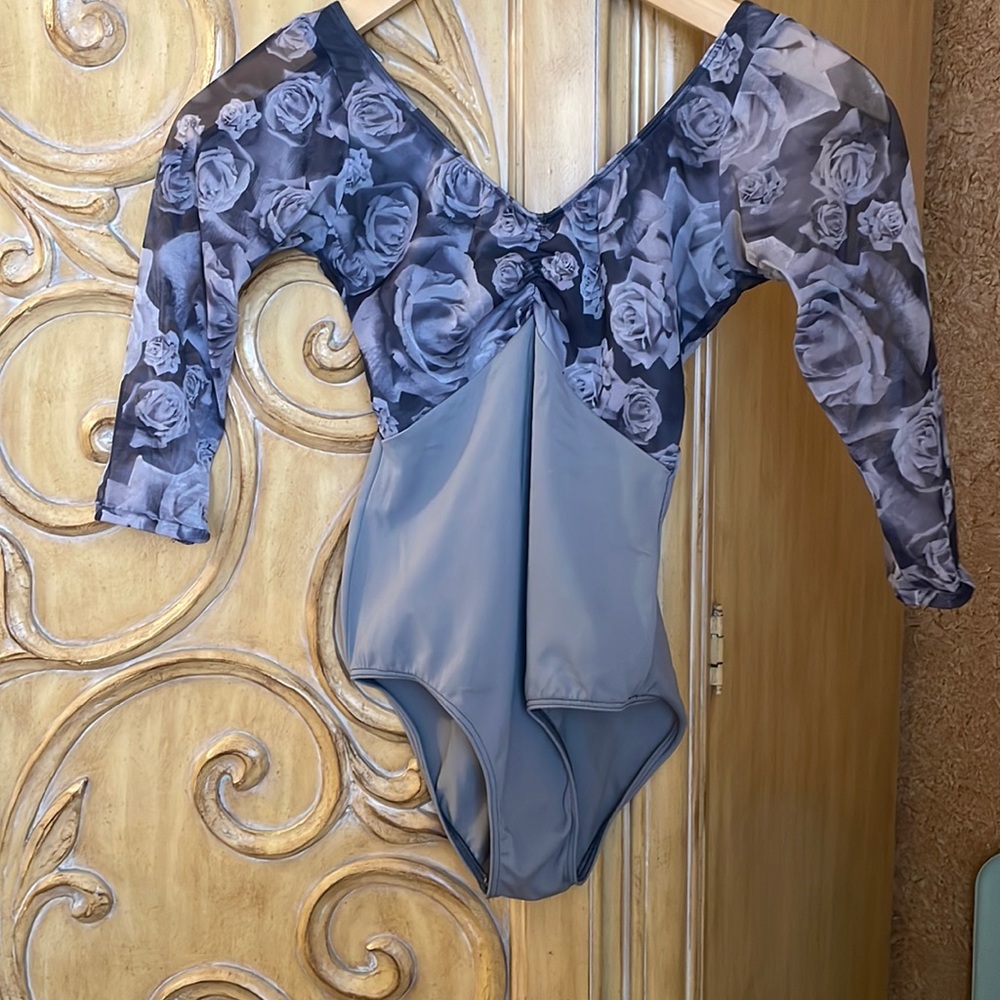 Grey leotard with floral print mesh